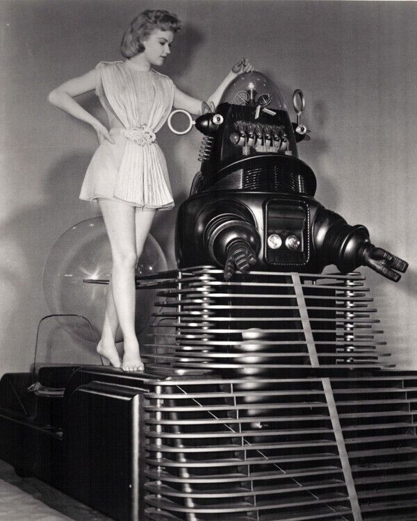 Forbidden Planet Anne Francis stands barefoot on Robby The Robot 8x10 photo