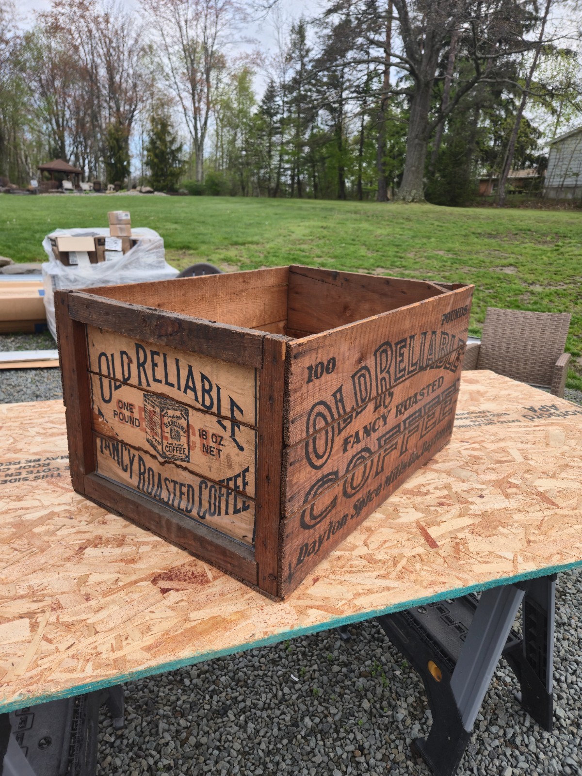 Antique Old Reliable Coffee Wooden Crate Dayton Spice Mills Advertising 100 lb Antique Old Reliable Coffee Wooden Crate Dayton Spice Mills Advertising 100 lb