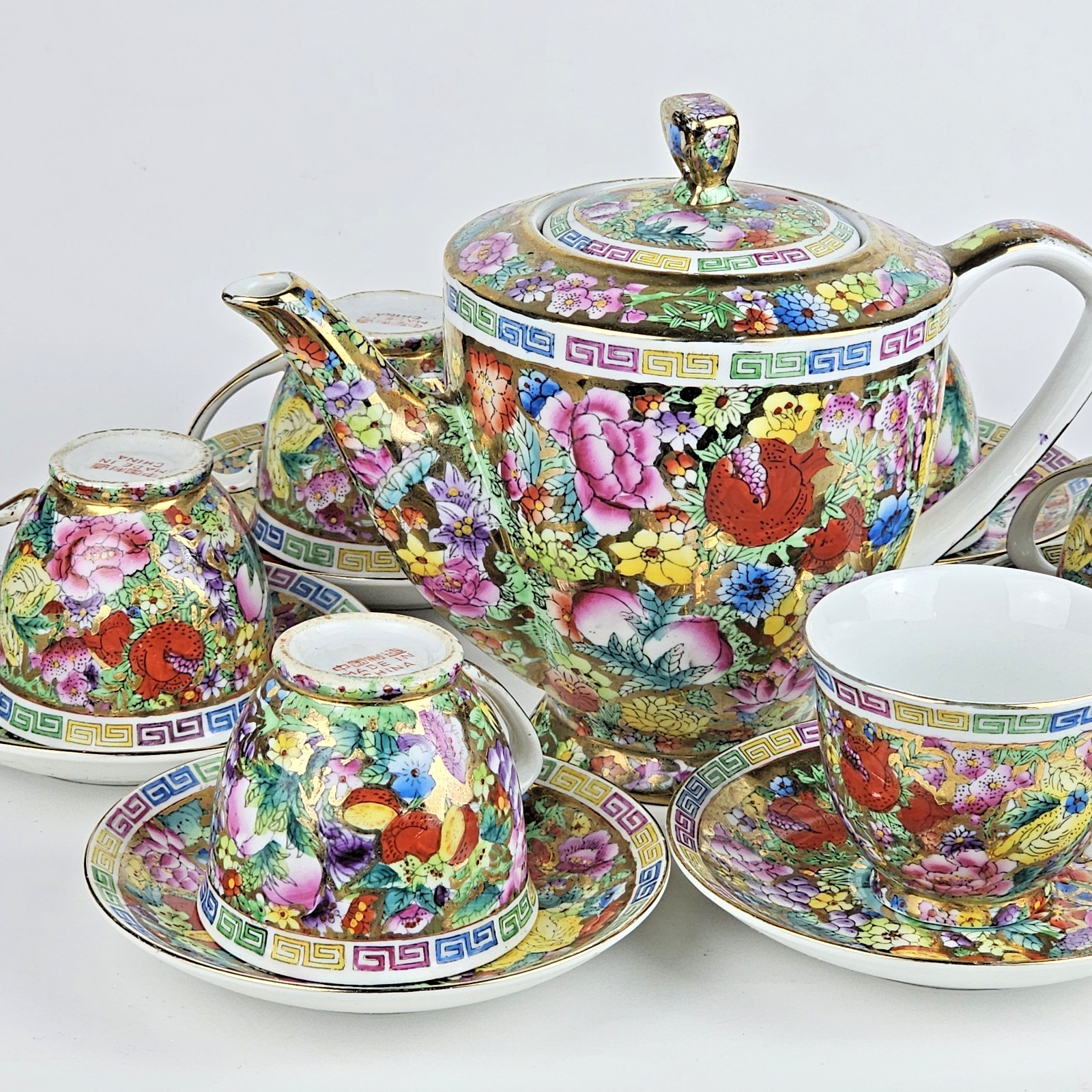 Vintage 1960s Chinese Porcelain Millefluer Tea Set for Six Hand Painted Vintage 1960s Chinese Porcelain Millefluer Tea Set for Six Hand Painted