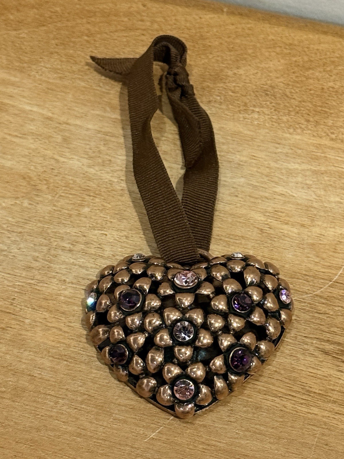 Heavy Metal Puffy Heart Ornament, Copper Color & Pink & Purple Rhinestones, 3” Heavy Metal Puffy Heart Ornament, Copper Color & Pink & Purple Rhinestones, 3”