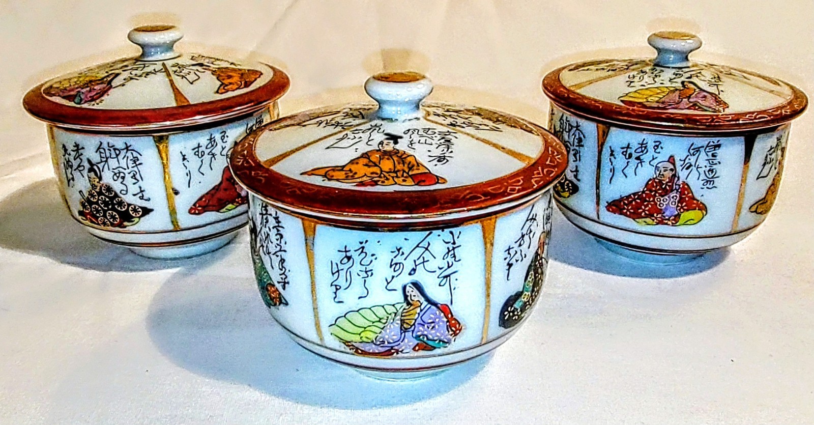 Three Vintage Japanese Kutani Hand Painted Porcelain Lidded Jar Tea Cups Three Vintage Japanese Kutani Hand Painted Porcelain Lidded Jar Tea Cups