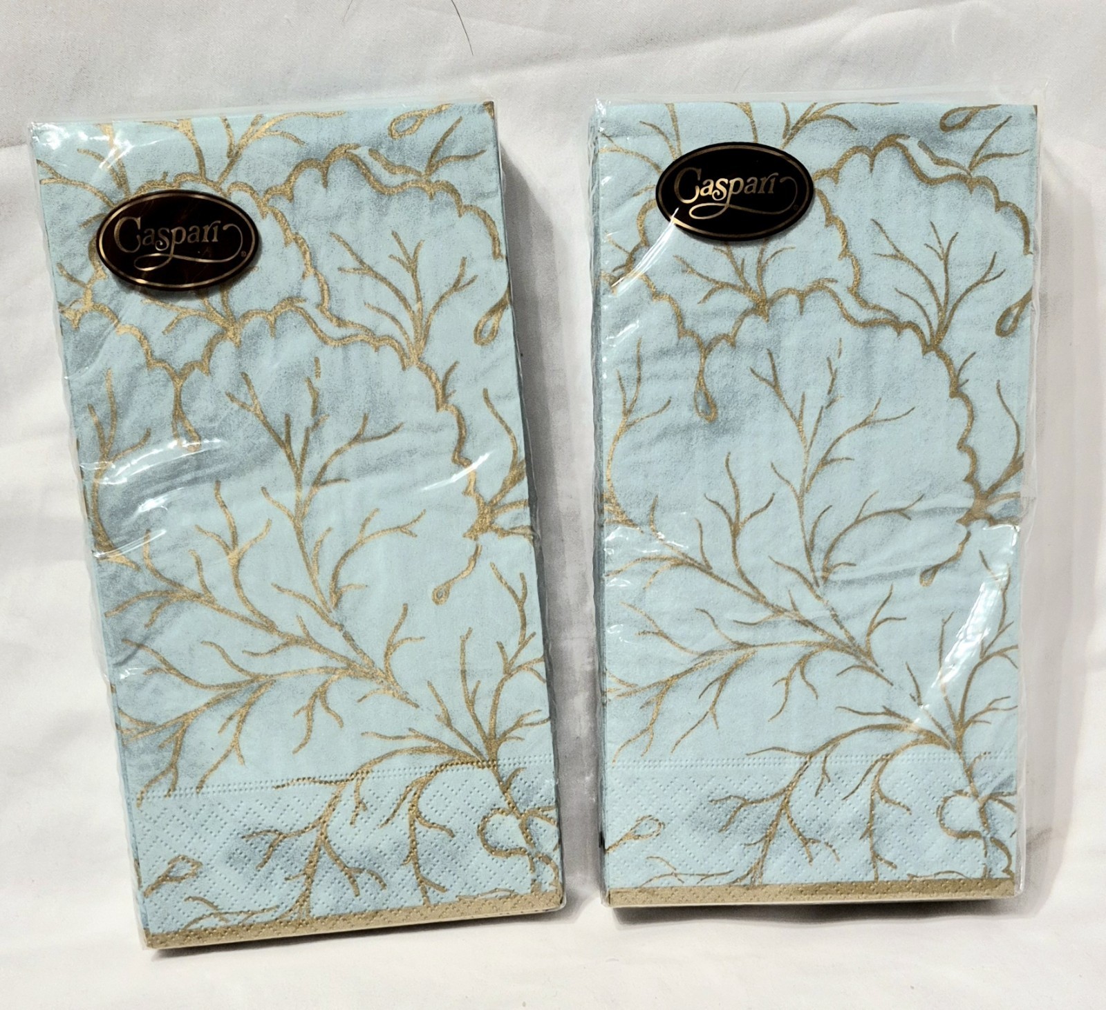 2 Pkgs Caspari Gilded Majolica Aqua Gold Guest Triple Ply Napkins 33 cm x 40 cm 2 Pkgs Caspari Gilded Majolica Aqua Gold Guest Triple Ply Napkins 33 cm x 40 cm