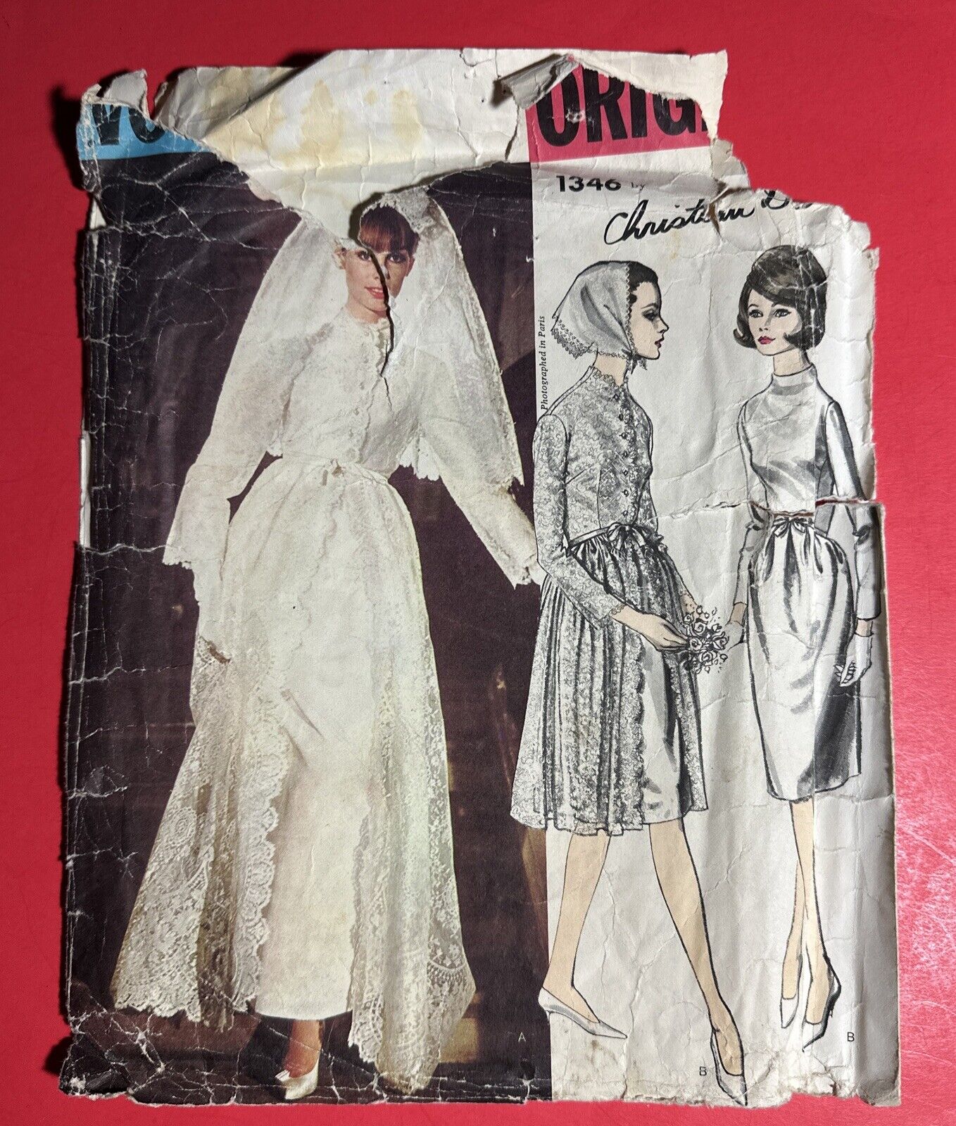 Rare 60’s Christian Dior Vogue 1346 Bride Dress Overdress Veil Sewing Pattern 16