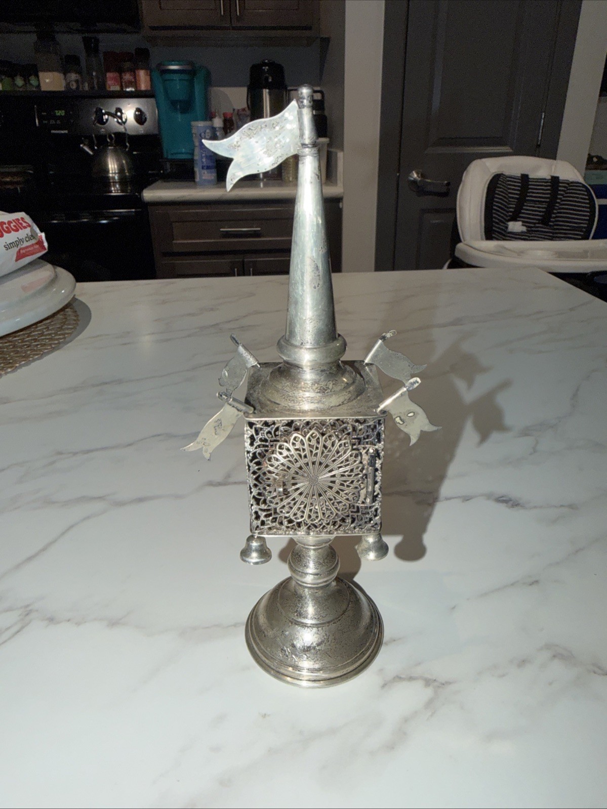 Antique Esco Sterling Silver Besamim HAVDALAH Spice Tower Box 5 Flags 4 Bells 8” Antique Esco Sterling Silver Besamim HAVDALAH Spice Tower Box 5 Flags 4 Bells 8”