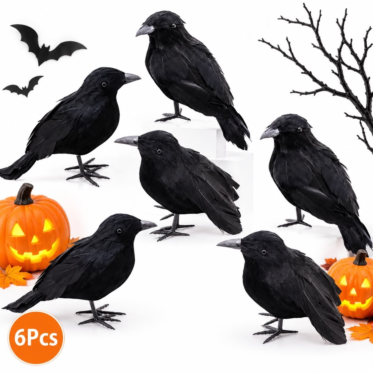 6Pcs Black Crow Stuffed Feather Bird Halloween Decor Prop Black Ravens Realistic