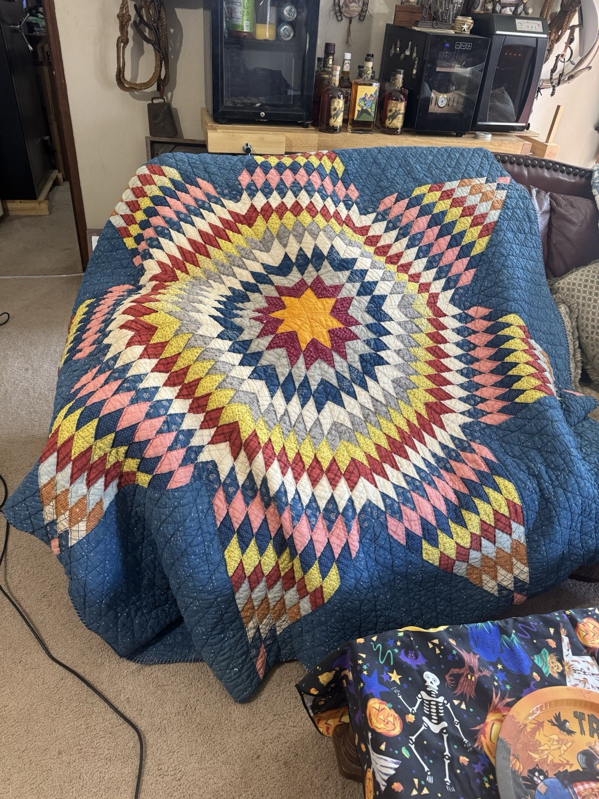 STUNNING Antique Lone Star QUILT VTG Satellites colorful 91x82 STUNNING Antique Lone Star QUILT VTG Satellites colorful 91x82