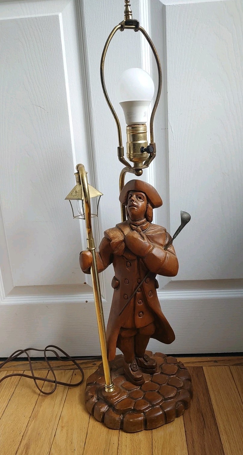 Vtg Mid Century Hand Carved Wooden 18th Colonial Man LightKeeper Table Dual Lamp Vtg Mid Century Hand Carved Wooden 18th Colonial Man LightKeeper Table Dual Lamp