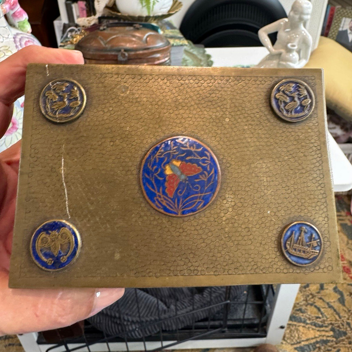 Antique C. 1900 Chinese brass chloisonne enamel cigarette box