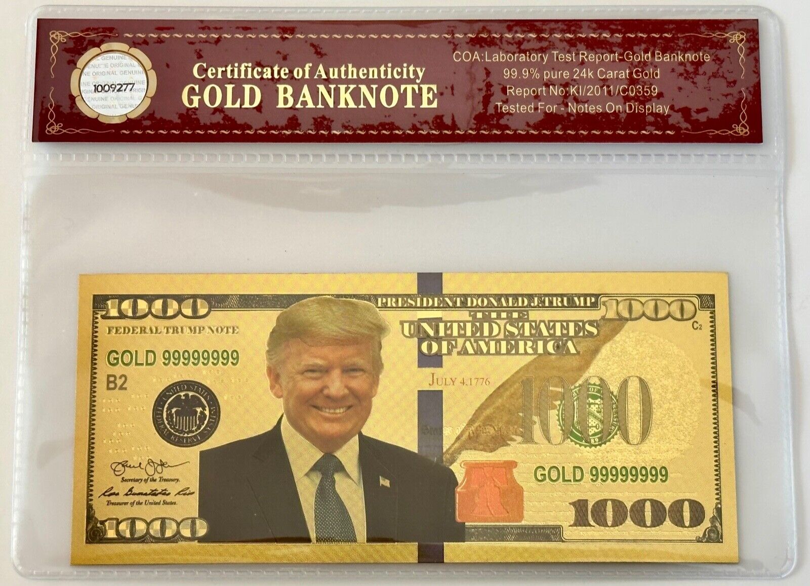 President Donald Trump.. $1000 Dollar Bill.. 24K Gold 3D Overlay... With COA