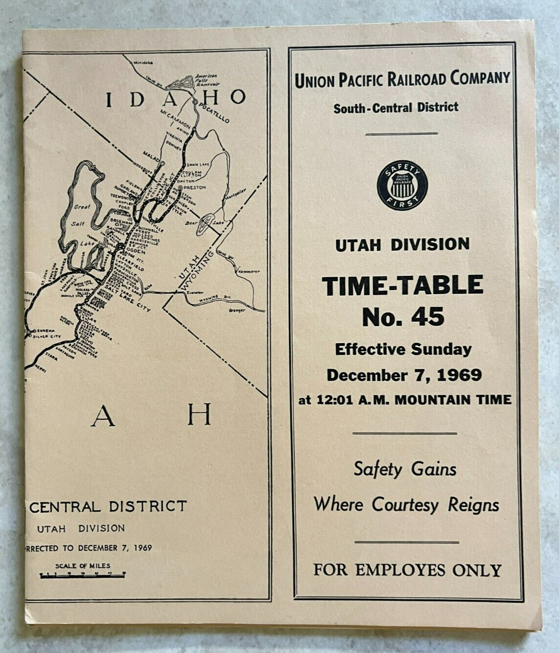 Vintage 1969 Union Pacific Railroad Utah Timetable #45 For Employees Pamphlet