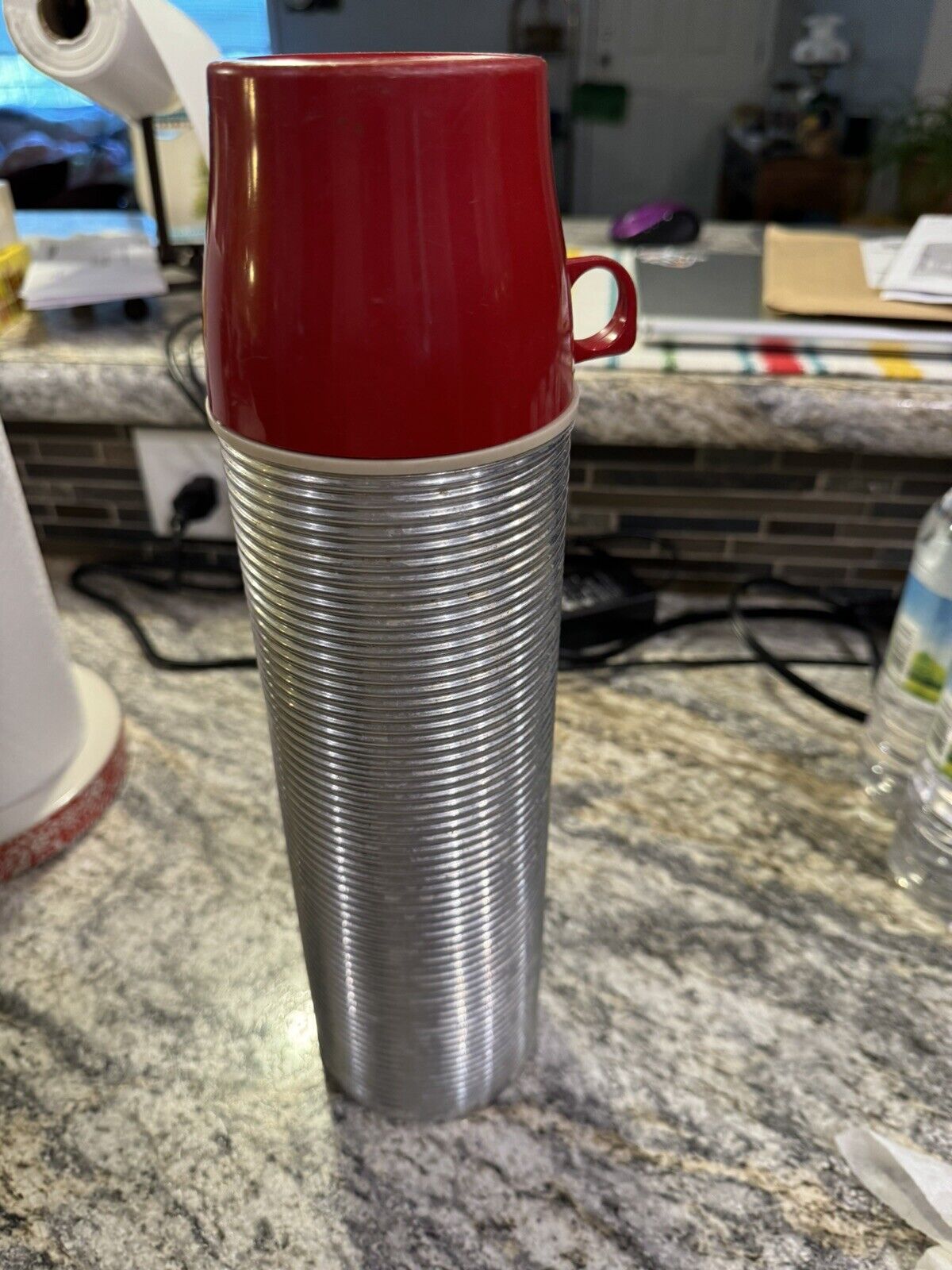 Vintage Thermos Model 2484H Red Top Aluminum Ribbed Vacuum Bottle Quart USA
