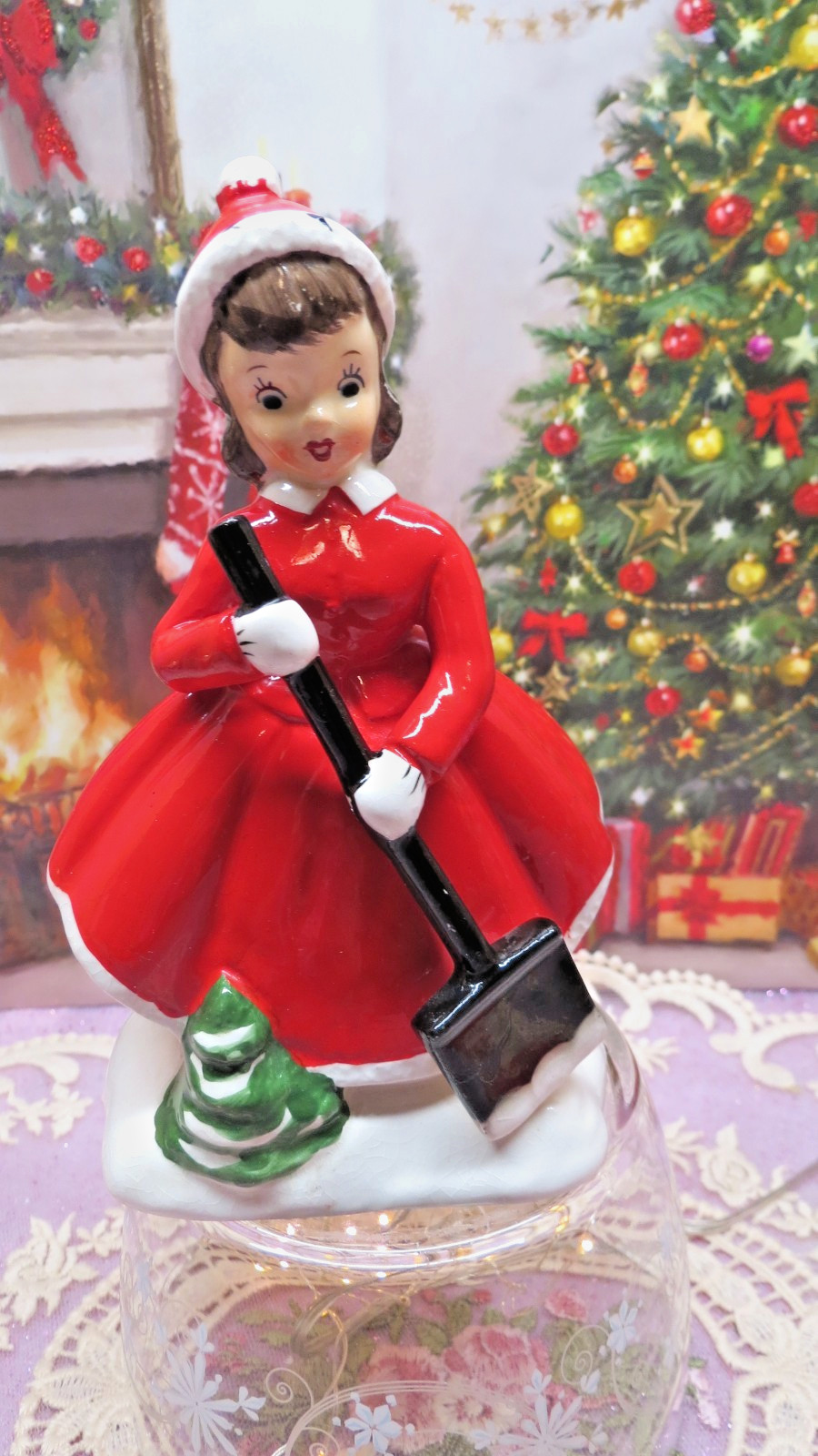 Vtg Lefton Napco ERA Christmas Shopper Girl W Snow Shovel Christmas Tree Base Vtg Lefton Napco ERA Christmas Shopper Girl W Snow Shovel Christmas Tree Base