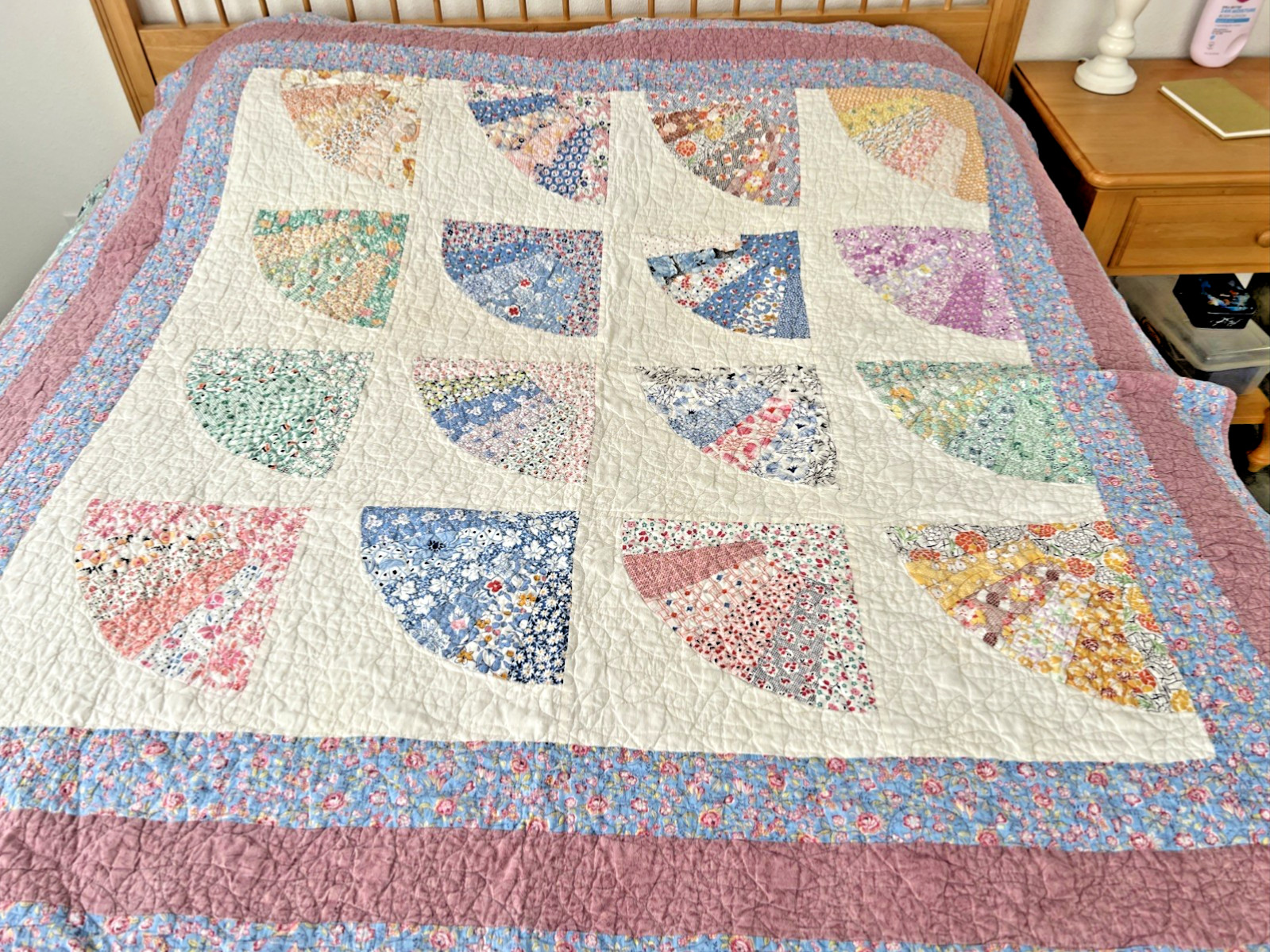 Beautiful Vintage Small Quilt, Vintage Material, Some Wear, 60 x 63”