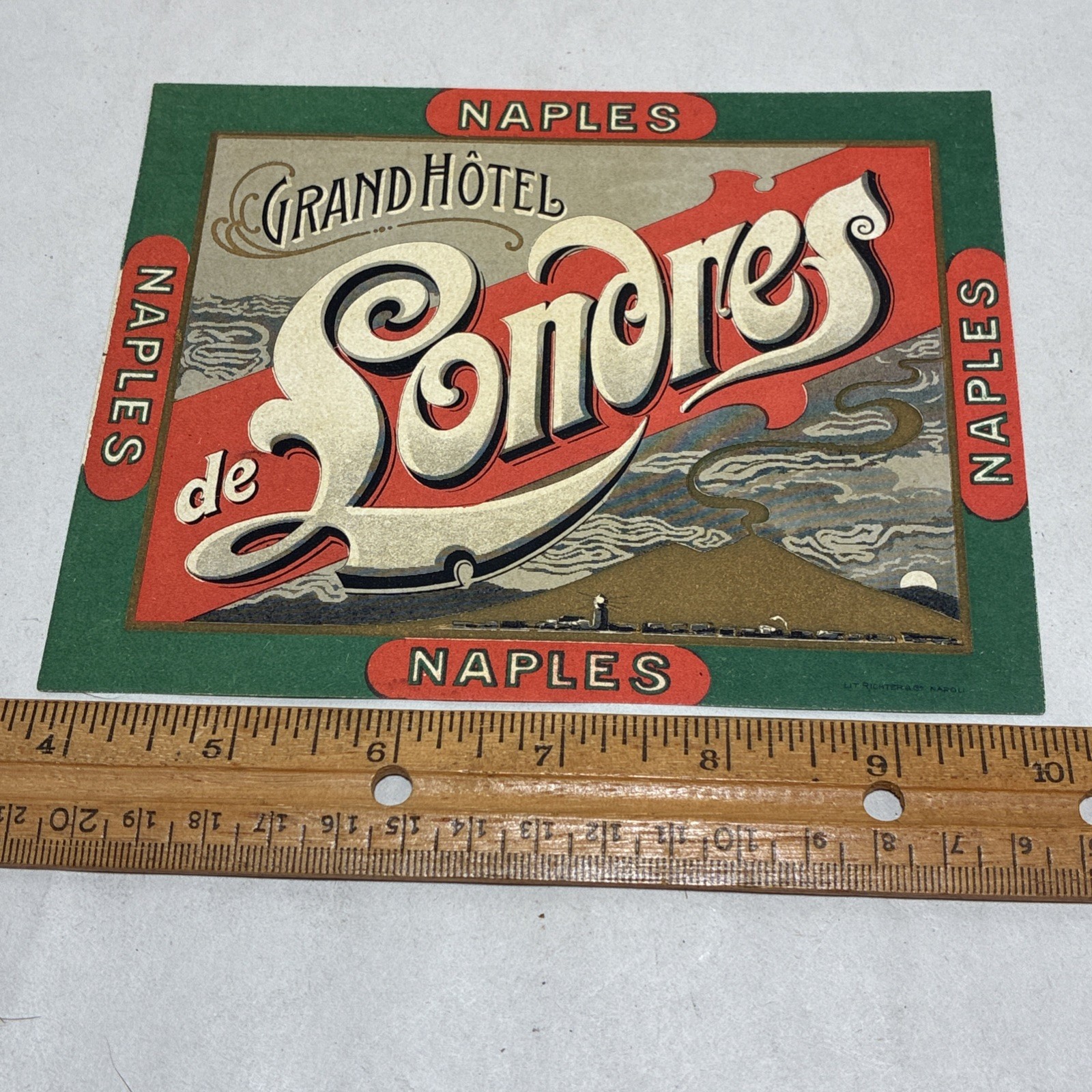 Antique Circa 1910 Grand Hotel de Londres Naples Italy Luggage Label Richter EX Antique Circa 1910 Grand Hotel de Londres Naples Italy Luggage Label Richter EX