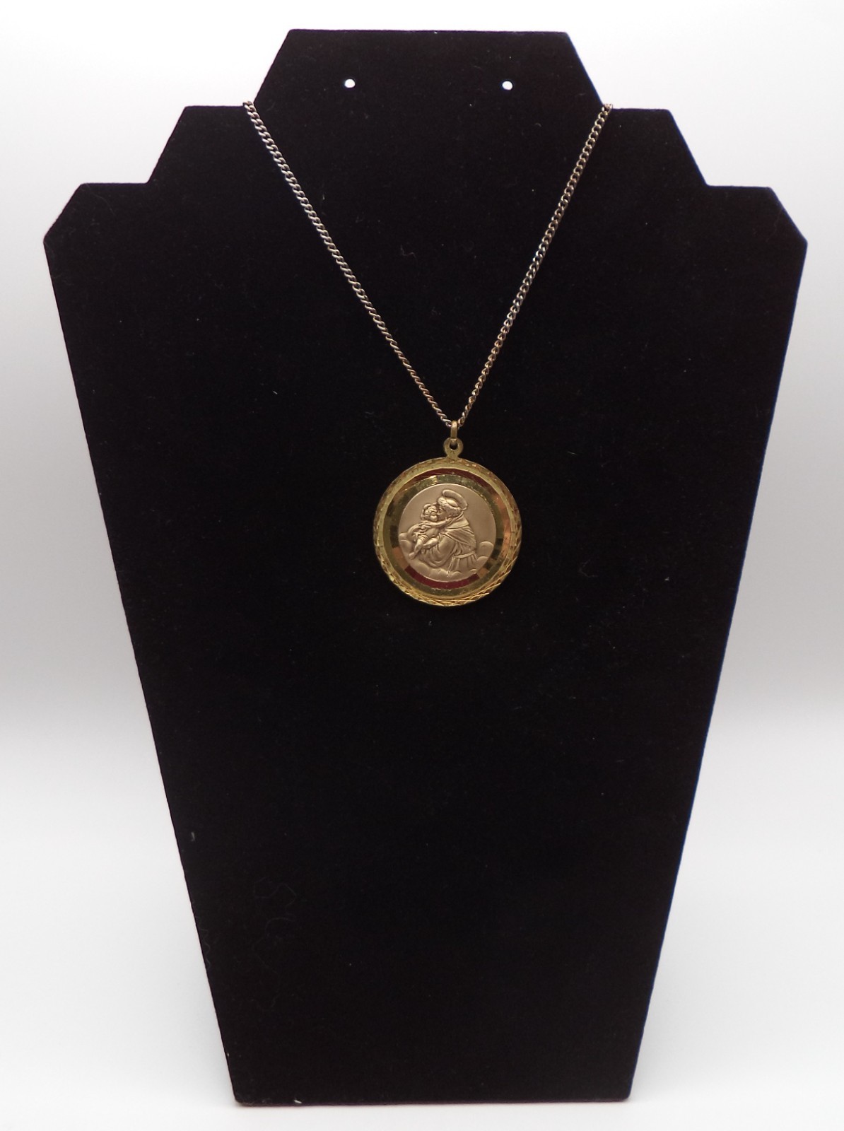 Large Vintage St Anthony & Baby Jesus Medal Pendant Necklace Diamond Cut Germany Large Vintage St Anthony & Baby Jesus Medal Pendant Necklace Diamond Cut Germany