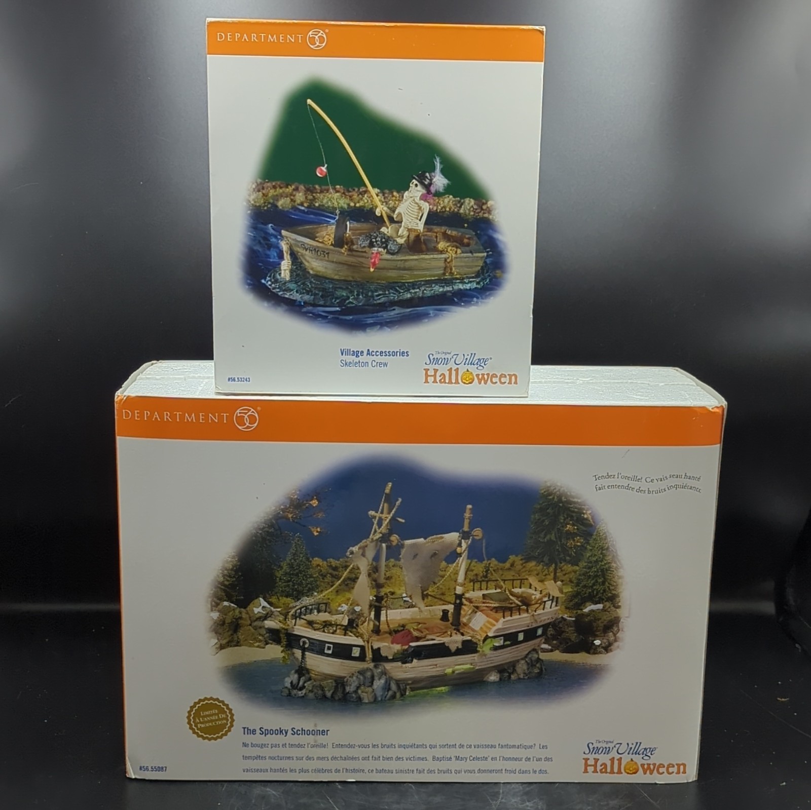 Dept 56 Halloween Lot of 2 Spooky Schooner Ship 55087 & Skeleton Crew 53243
