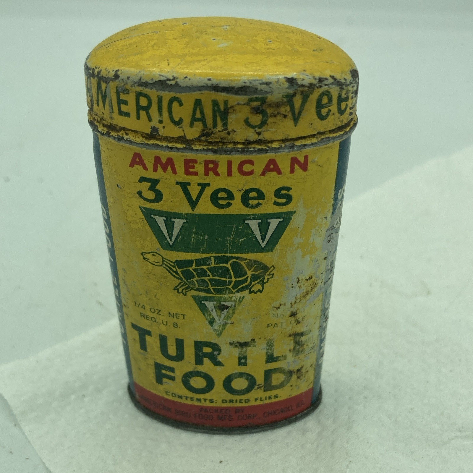 Vintage 1950s American 3 Vees Turtle Food Tin 1/4 Oz Pet Store Advertising Vintage 1950s American 3 Vees Turtle Food Tin 1/4 Oz Pet Store Advertising