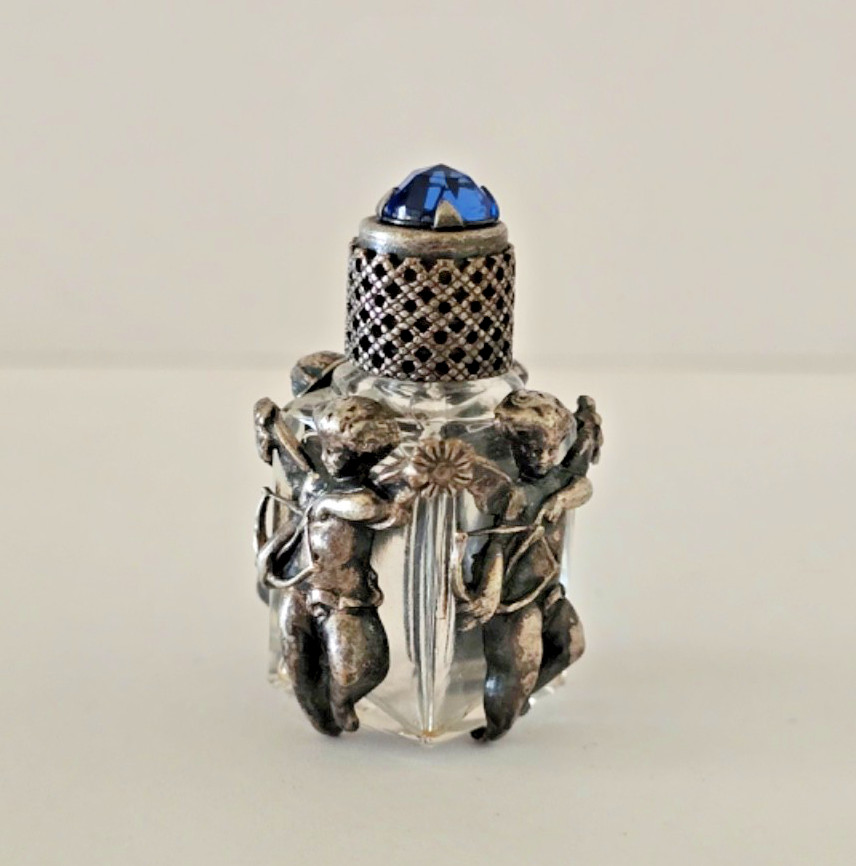 Vintage Antique French Perfume Bottle Blue Jewel Silver Cupids with Arrows CUTE Vintage Antique French Perfume Bottle Blue Jewel Silver Cupids with Arrows CUTE