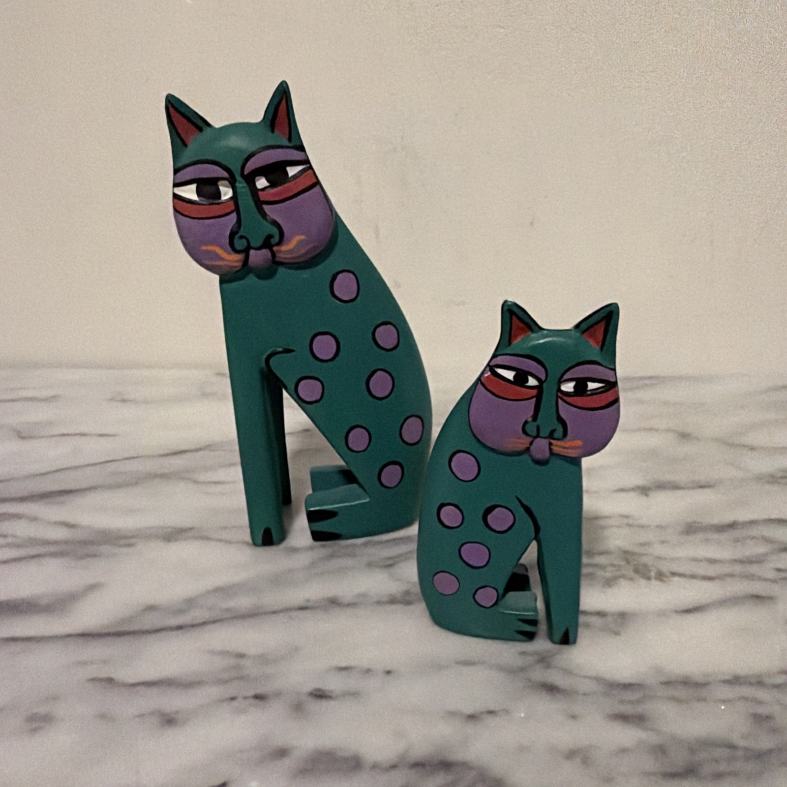 Laurel Burch Wooden Cats - Green Purple Set Of Two 6” & 4” Hand Painted Decor Laurel Burch Wooden Cats - Green Purple Set Of Two 6” & 4” Hand Painted Decor