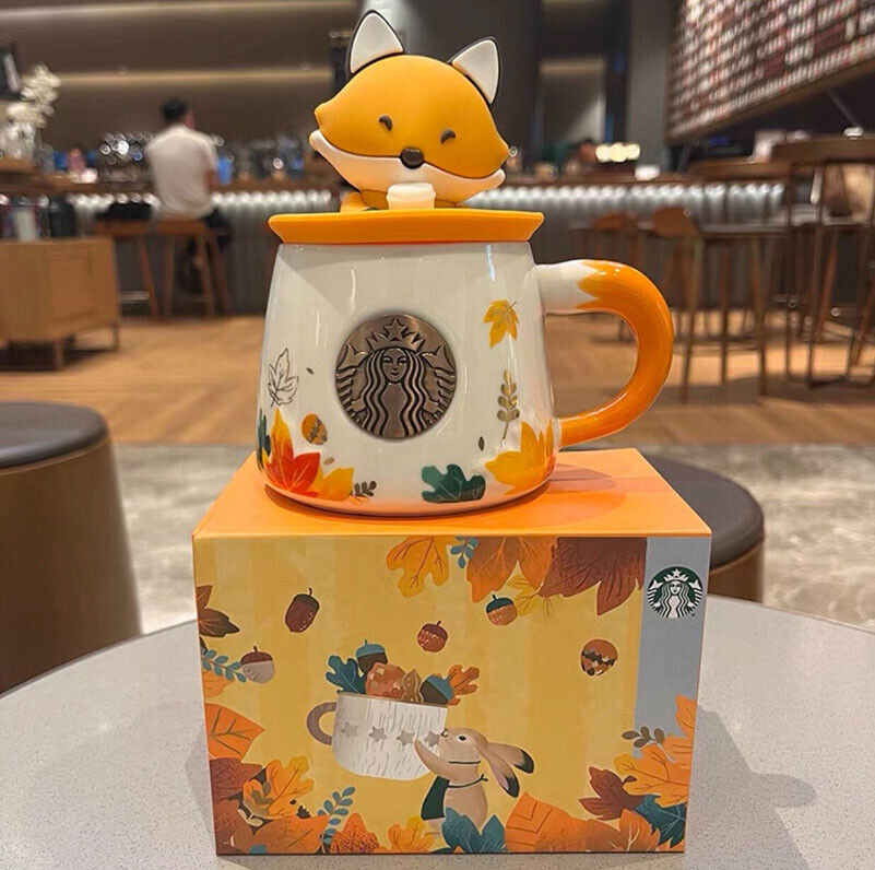 2021 Starbucks China Autumn Forest Maple Leaf Fox 11oz Ceramic Mug Cup And Lid