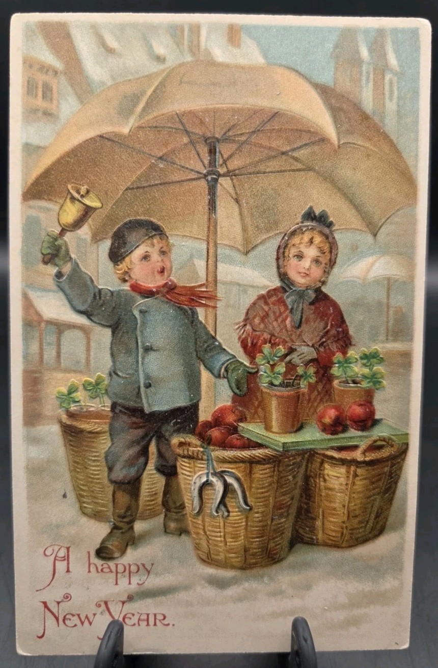 New Year Victorian CHILDREN At The MARKET Embossed Postcard 1900s Germany New Year Victorian CHILDREN At The MARKET Embossed Postcard 1900s Germany