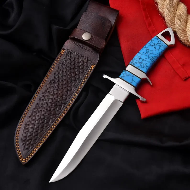 HANDMADE D2 STEEL SUB-HILT KNIFE | BLUE TURQUOISE HANDLE |GENUINE LEATHER SHEATH HANDMADE D2 STEEL SUB-HILT KNIFE | BLUE TURQUOISE HANDLE |GENUINE LEATHER SHEATH