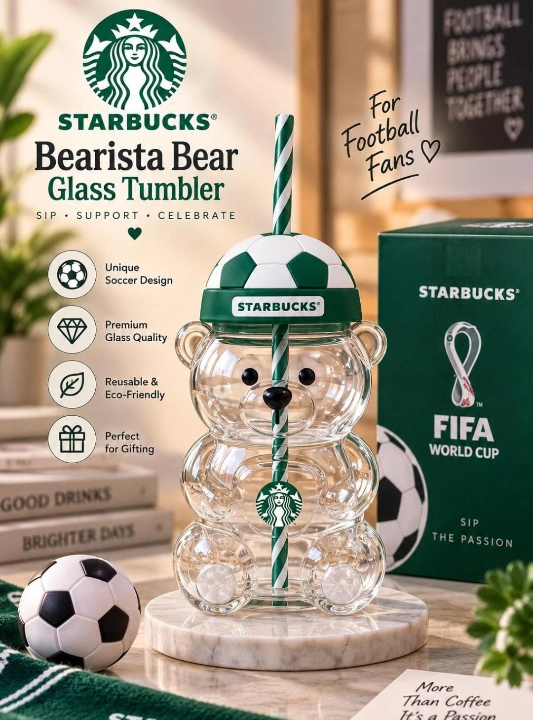 Starbucks 2026 FIFA World Cup Bearista Authentic Bear Glass Tumbler 20oz with So