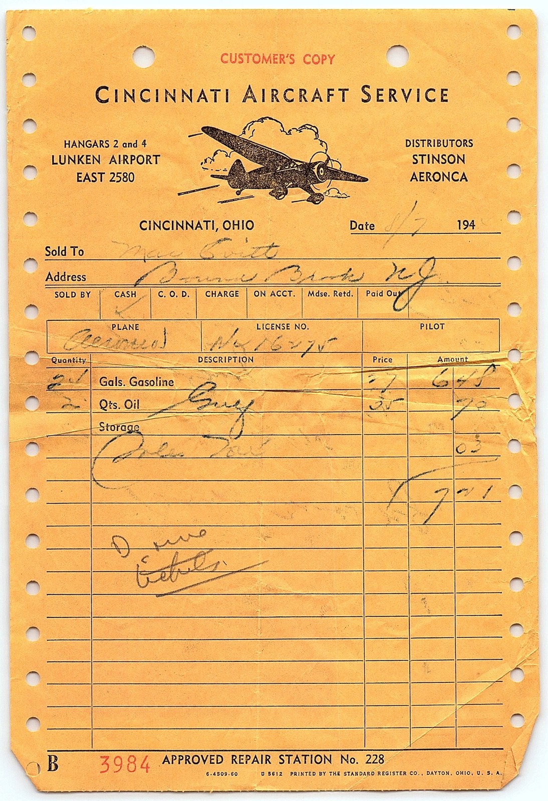 Vintage 1947 Cincinnati Aircraft Service Billhead