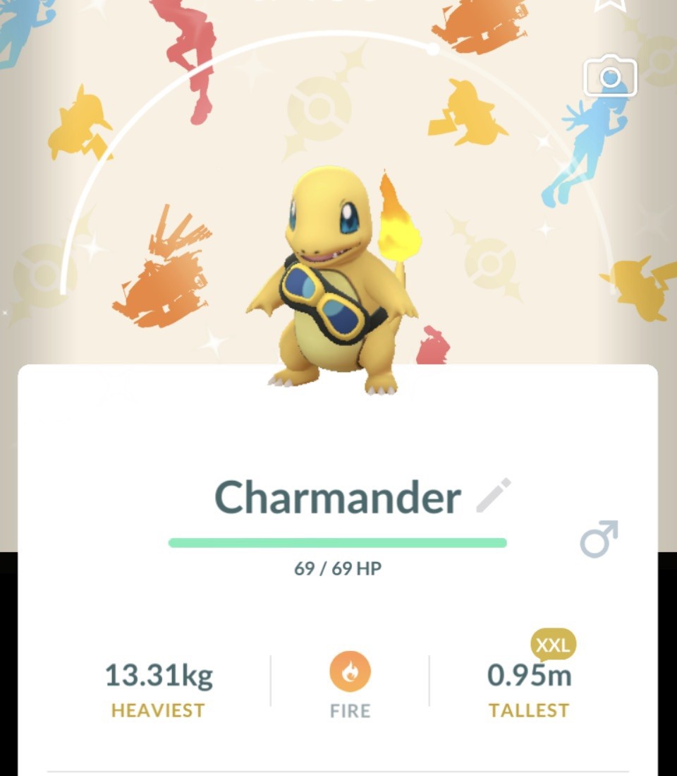 Pokémon Go-Shiny Charmander-✨wearing Friede's goggles with background ✨XXL✨TRADE Pokémon Go-Shiny Charmander-✨wearing Friede's goggles with background ✨XXL✨TRADE