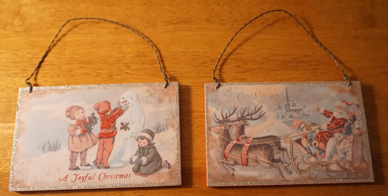 2 Vintage Style Retro Christmas Postcard Ornaments Country Primitive Tree Decor
