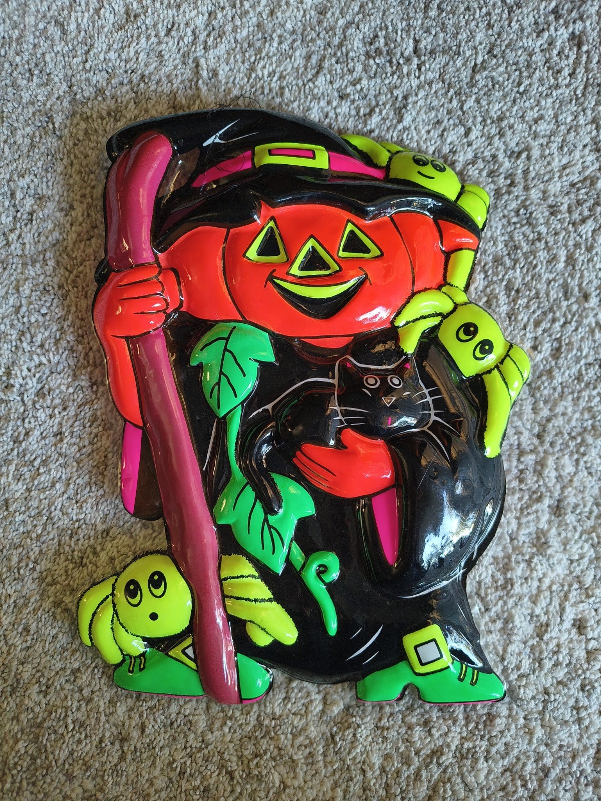 Vintage Plastic 3D Pumpkin Cat Vacuform Halloween Wall Hanging Decor Glow 