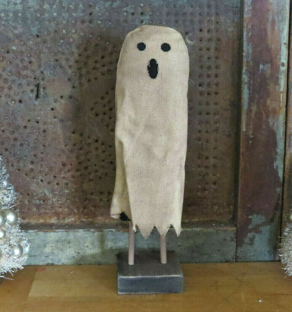 Grubby Primitive Tea Stained Ghost Doll on Wooden Base Halloween Decor Figure 9