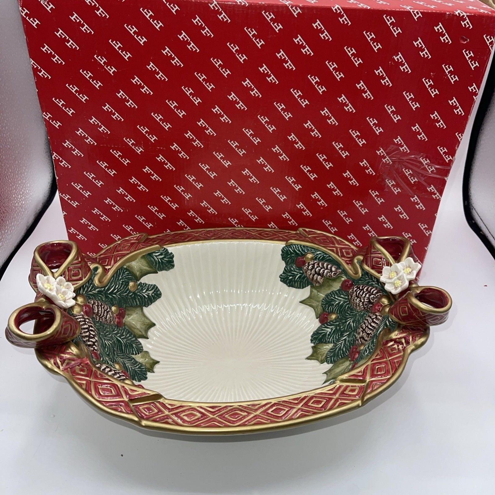 fitz and floyd Christmas rose centerpiece Bowl 13” X 10” In The Box