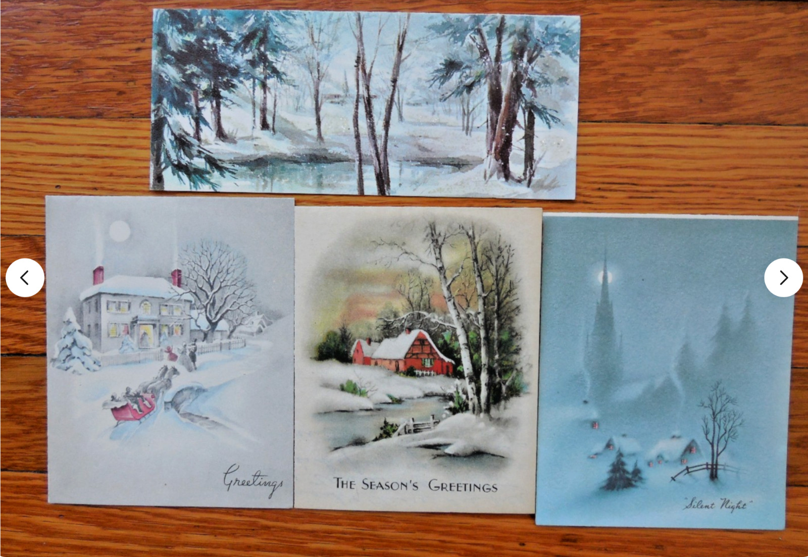 Four Beautiful Vintage Christmas Landscape, Spires, Horse Drawn Sleigh Four Beautiful Vintage Christmas Landscape, Spires, Horse Drawn Sleigh