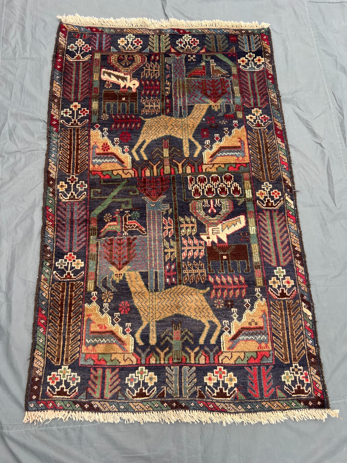 Navy Vintage Tribal Deer Pictorial Hand Knotted Wool Rug 3x5 Animal Wall Rug Navy Vintage Tribal Deer Pictorial Hand Knotted Wool Rug 3x5 Animal Wall Rug