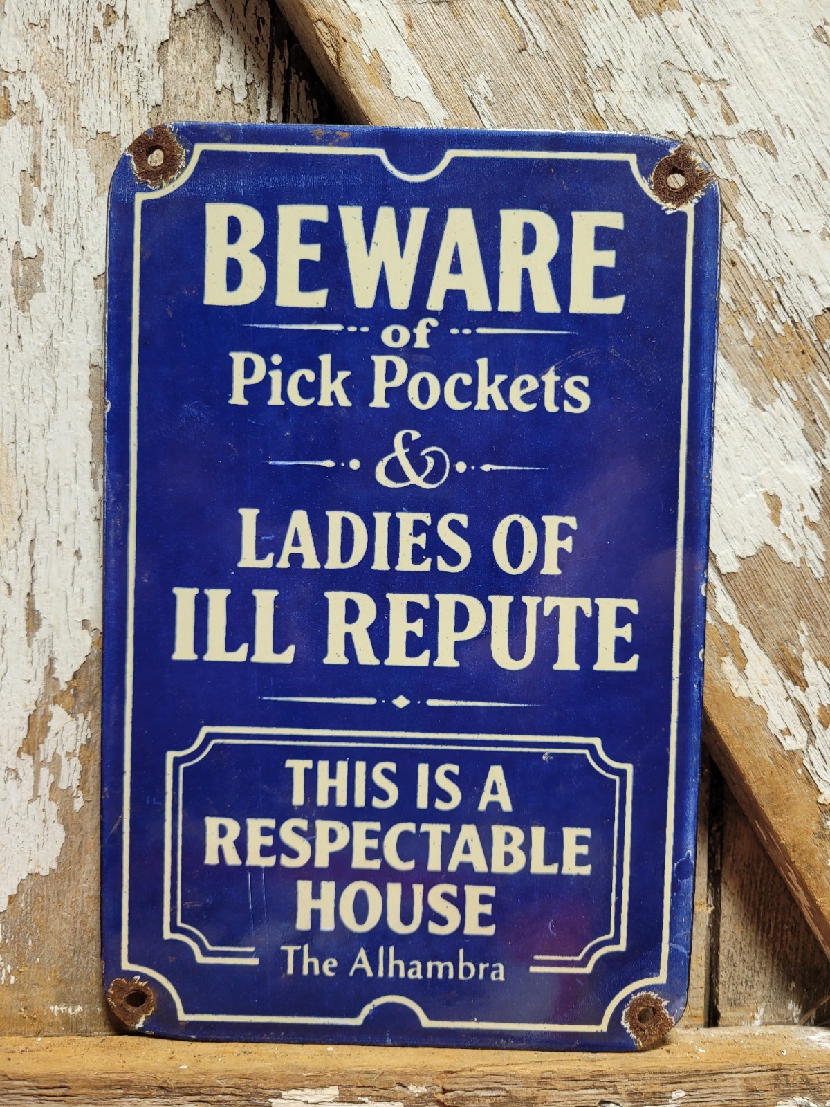 VINTAGE BROTHEL PORCELAIN SIGN RARE OLD ALHAMBRA HOTEL GENTELMANS STRIP CLUB 10"