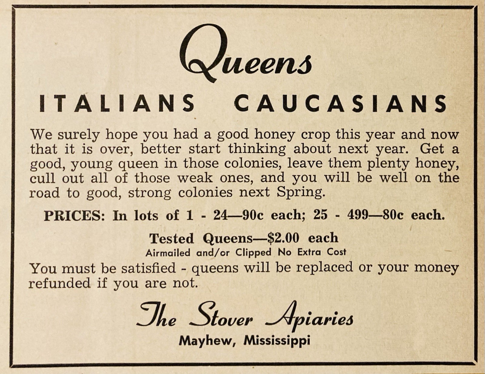 1957 AD.(XH87)~THE STOVER APIARIES, MAYHEW, MISS. ITALIAN & CAUCASIAN QUEEN BEES 1957 AD.(XH87)~THE STOVER APIARIES, MAYHEW, MISS. ITALIAN & CAUCASIAN QUEEN BEES