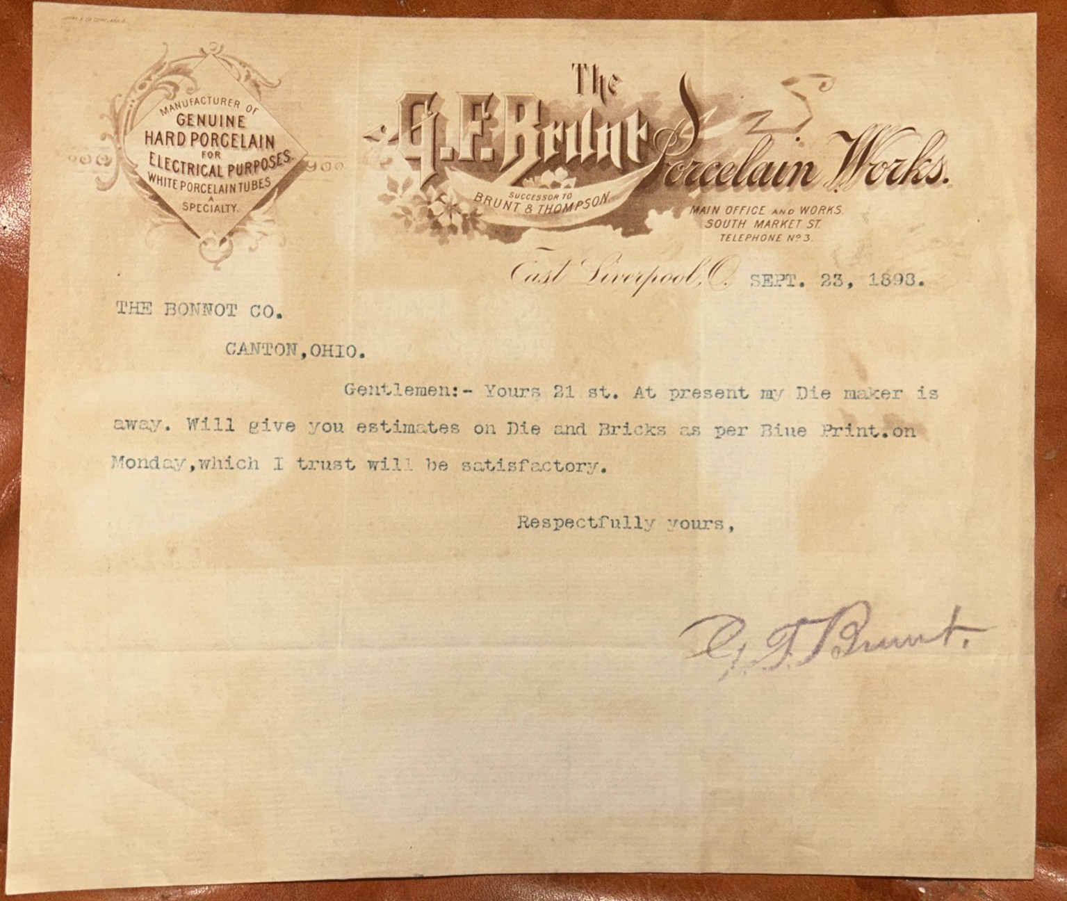 The G. F. Brunt Porcelain Works 1893 Antique Letterhead East Liverpool Ohio The G. F. Brunt Porcelain Works 1893 Antique Letterhead East Liverpool Ohio