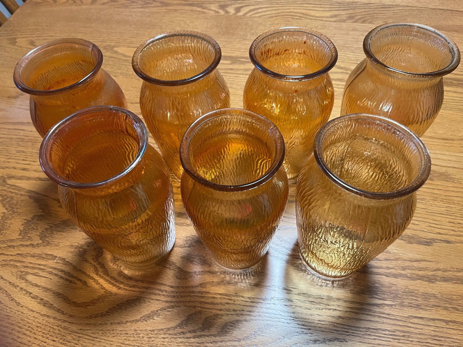 lot of 7 Vintage Jeannette Carnival Glass Vase Tree Bark Marigold Iridescent 7.5 lot of 7 Vintage Jeannette Carnival Glass Vase Tree Bark Marigold Iridescent 7.5