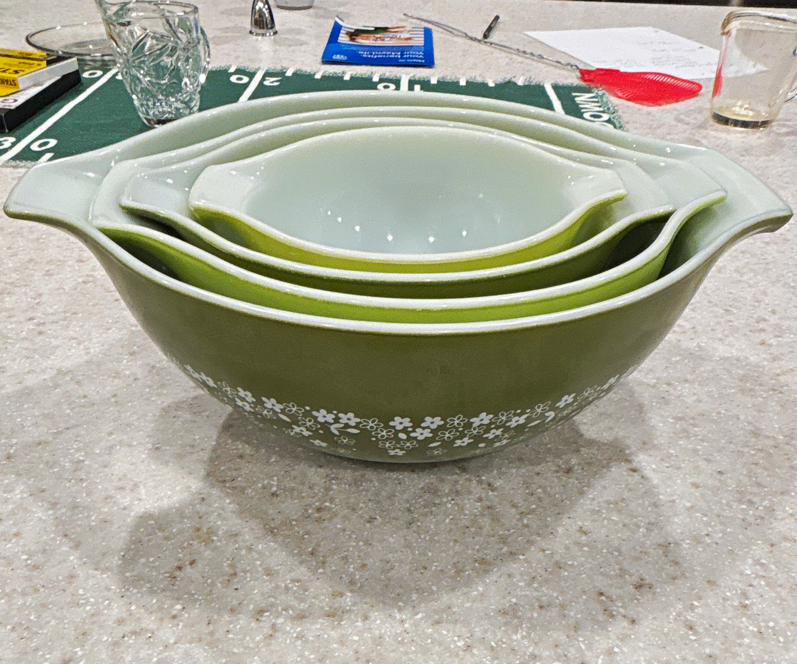 Complete, 4-piece vintage Pyrex "Spring Blossom Green" Cinderella Mixing Bowls Complete, 4-piece vintage Pyrex "Spring Blossom Green" Cinderella Mixing Bowls