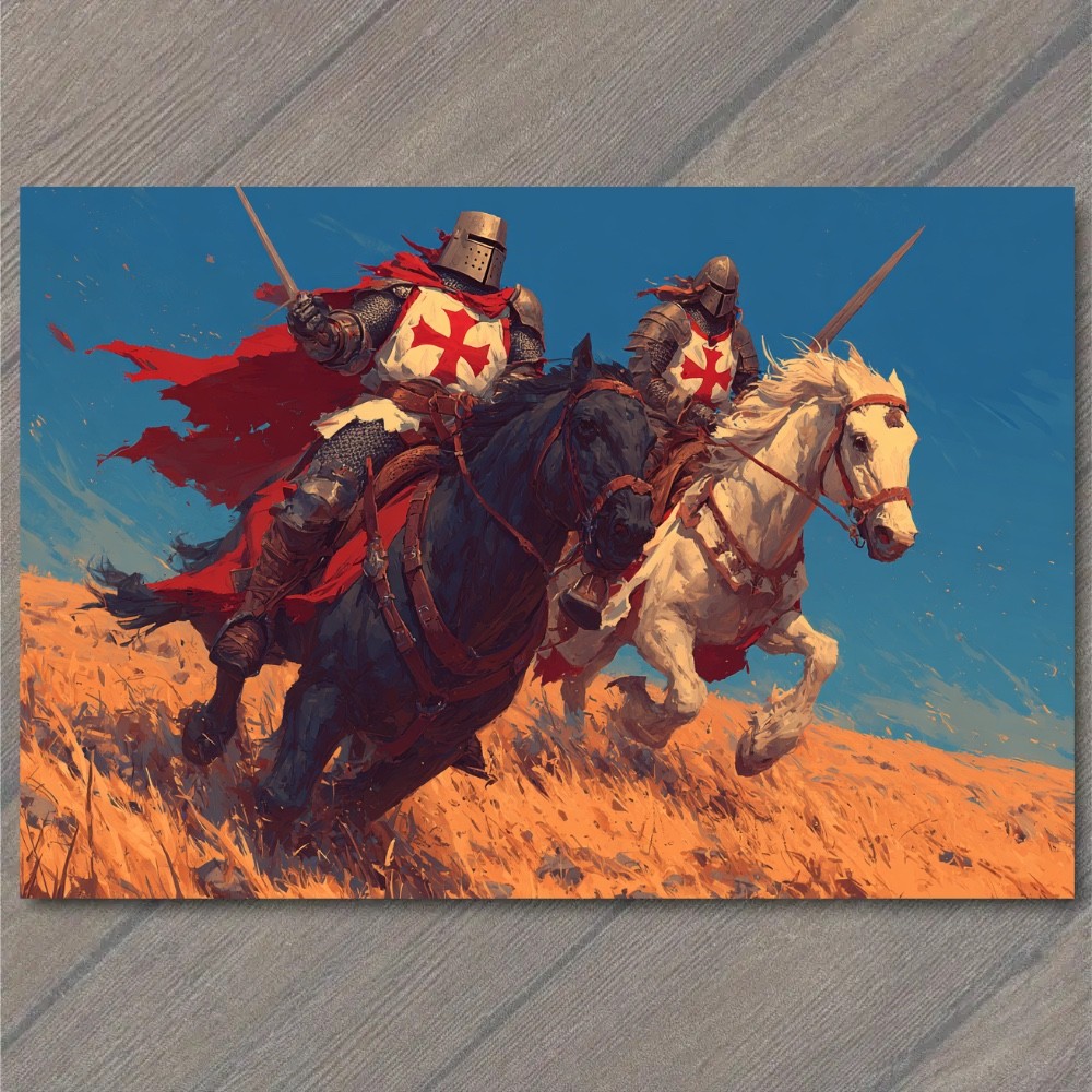 POSTCARD Crusader Knights Horseback Battle Charge Medieval Templar Riders POSTCARD Crusader Knights Horseback Battle Charge Medieval Templar Riders