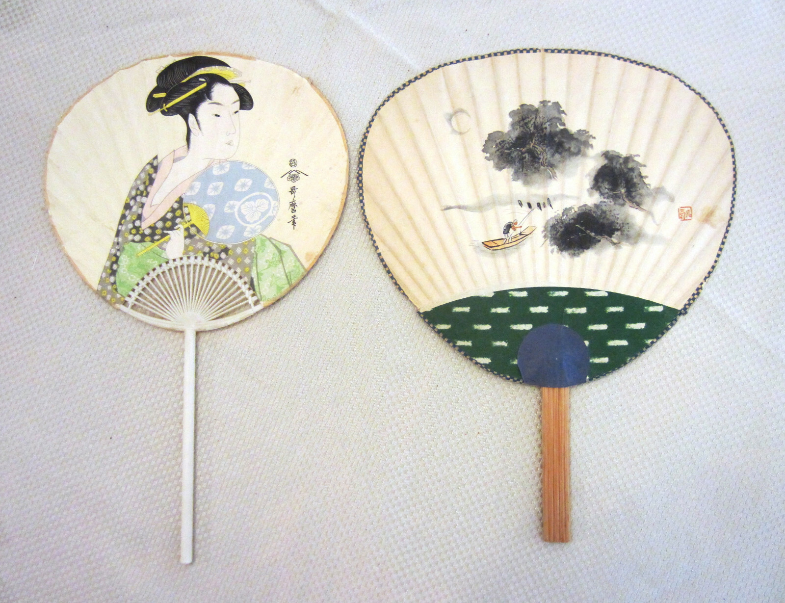 Two Vintage Japanese Silk Paper Paddle Hand Fans Two Vintage Japanese Silk Paper Paddle Hand Fans