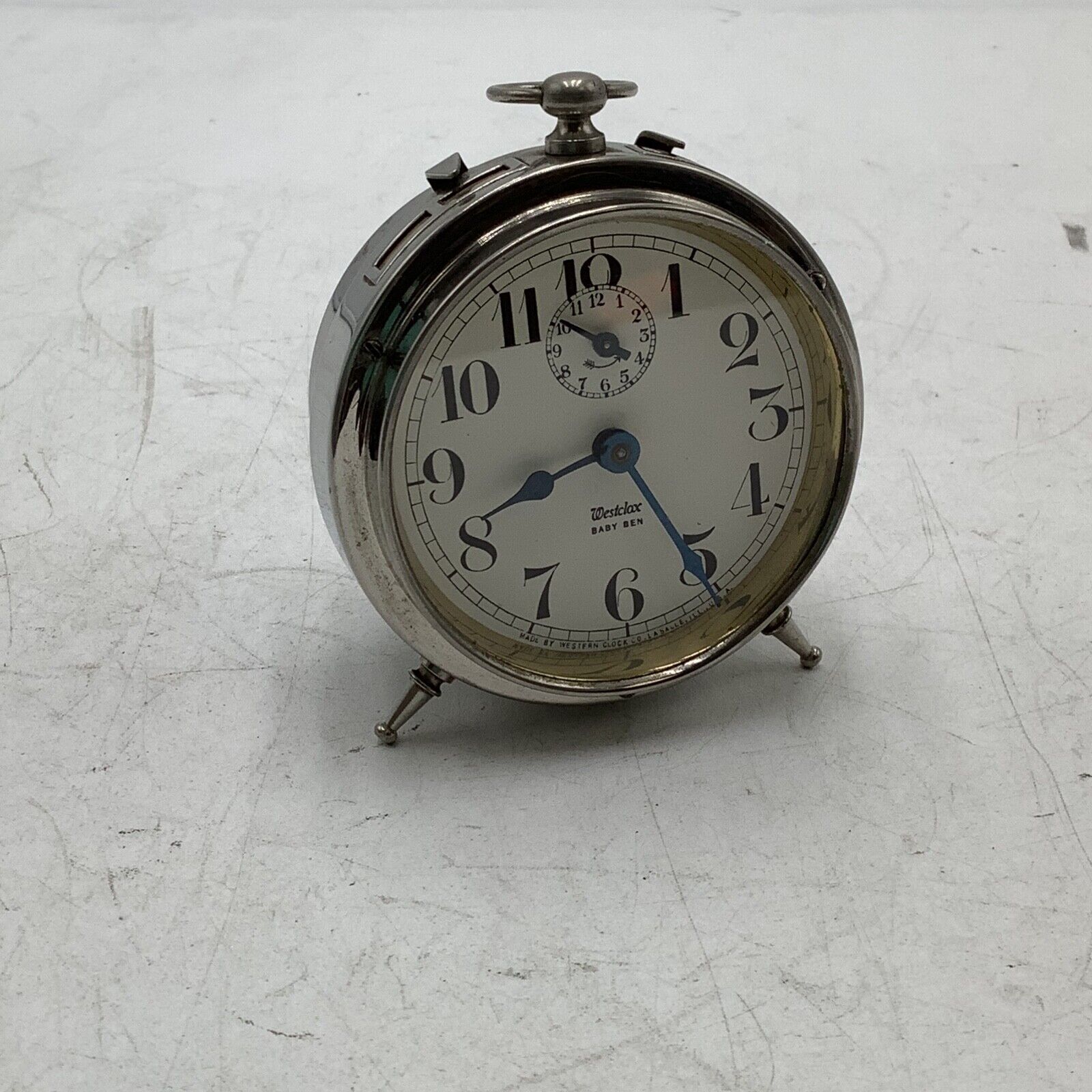 Antique Westclox Baby Ben Peg Legs Desk Alarm Clock Nickle Plated