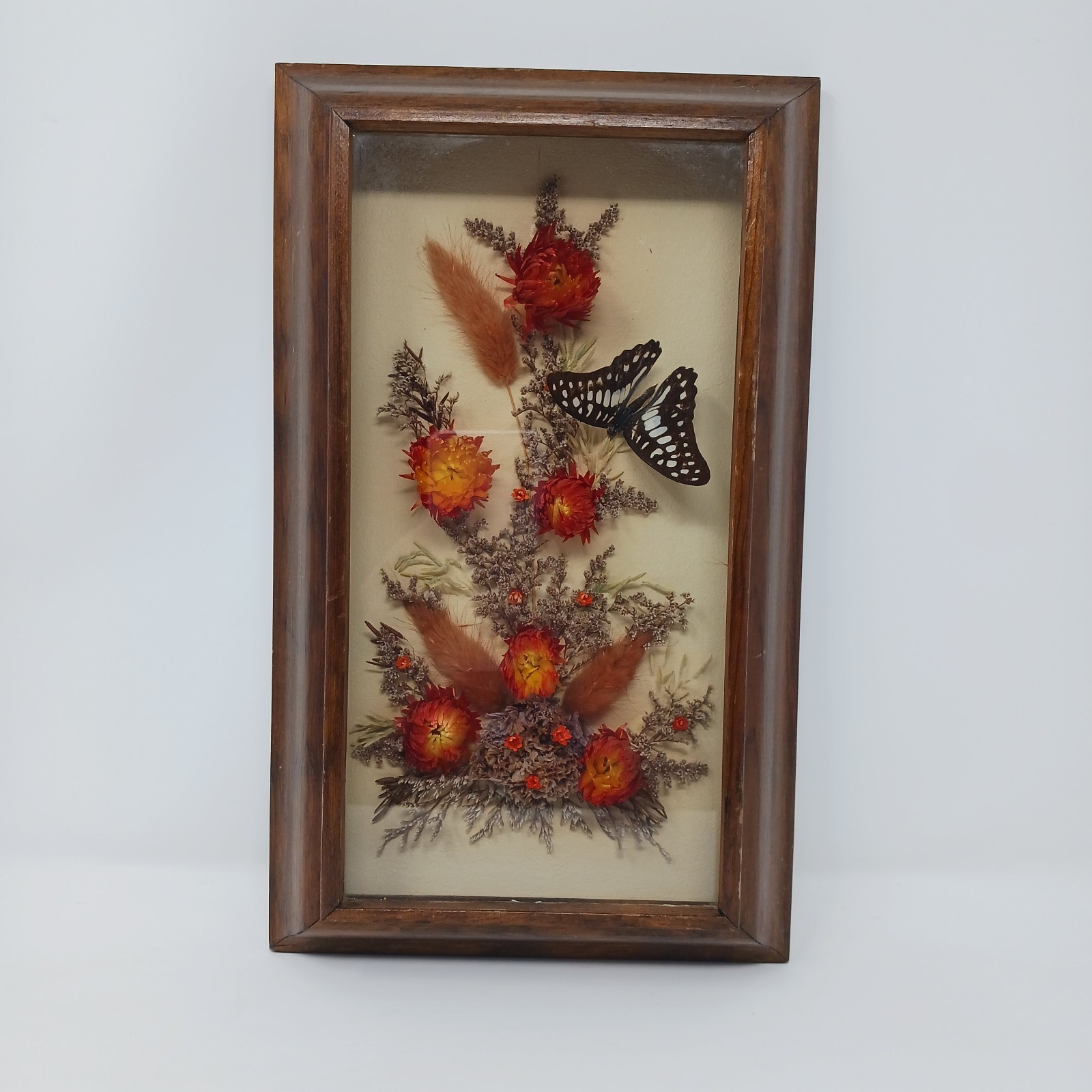 Vintage Mid Century Mixed Pressed Dried Flower Shadow Box Butterfly Wood Frame