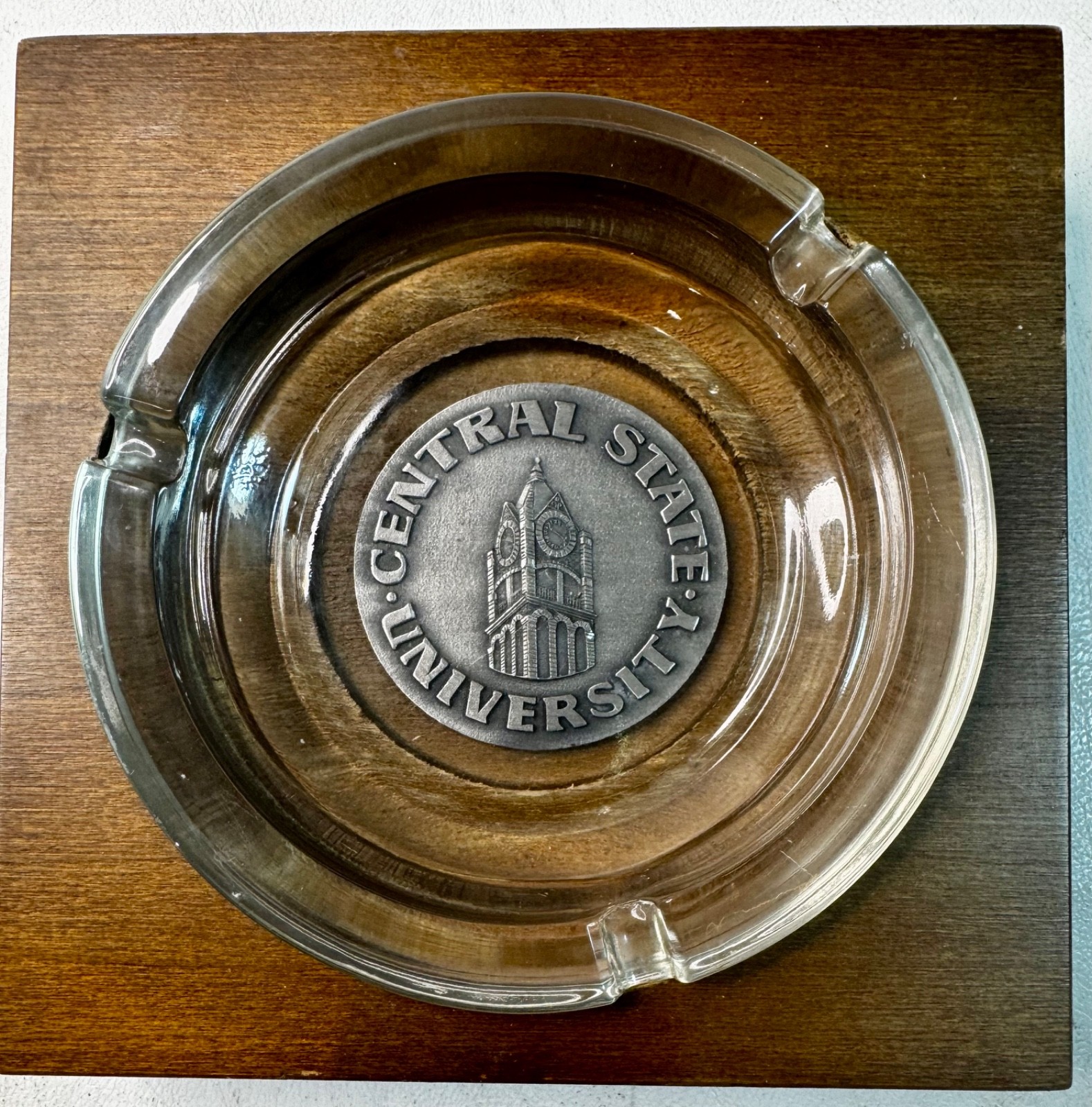 Vintage Central State University Wood & Glass Ash Tray 5.5 Inch Vintage Central State University Wood & Glass Ash Tray 5.5 Inch