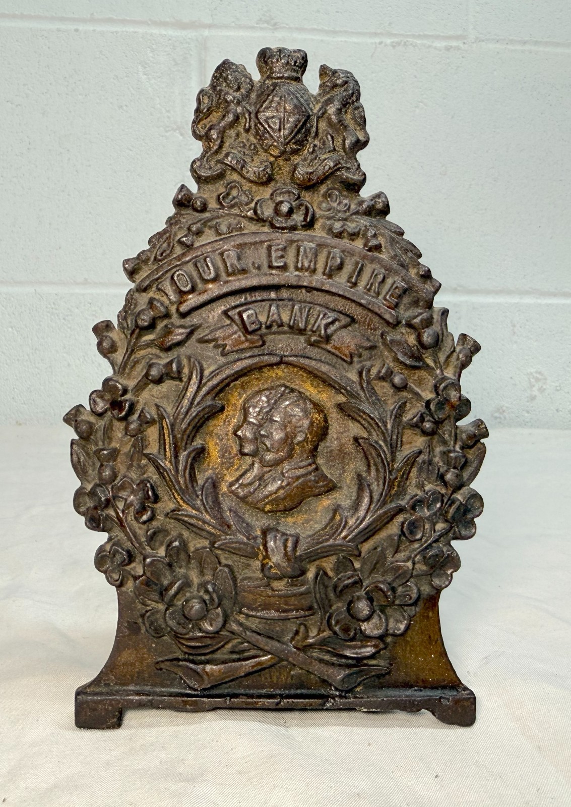 Rare antique King George V & Queen Mary Our Empire Coronation Cast Iron Bank Rare antique King George V & Queen Mary Our Empire Coronation Cast Iron Bank