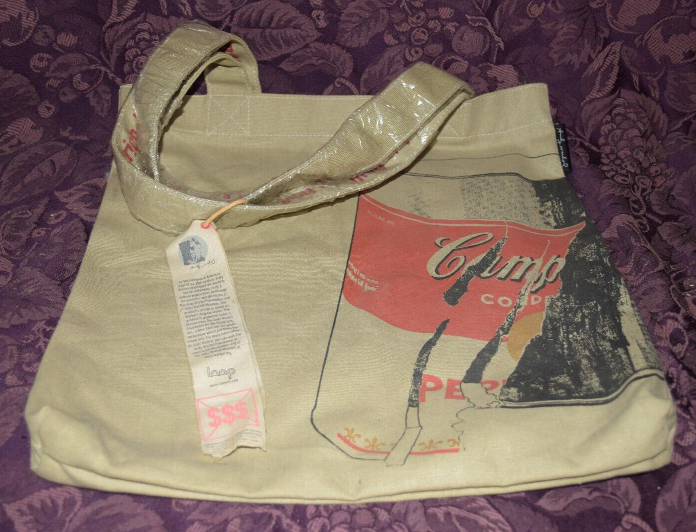 Andy Warhol Campbells Soup print canvas bag loop tote NICE Condition w/Letter
