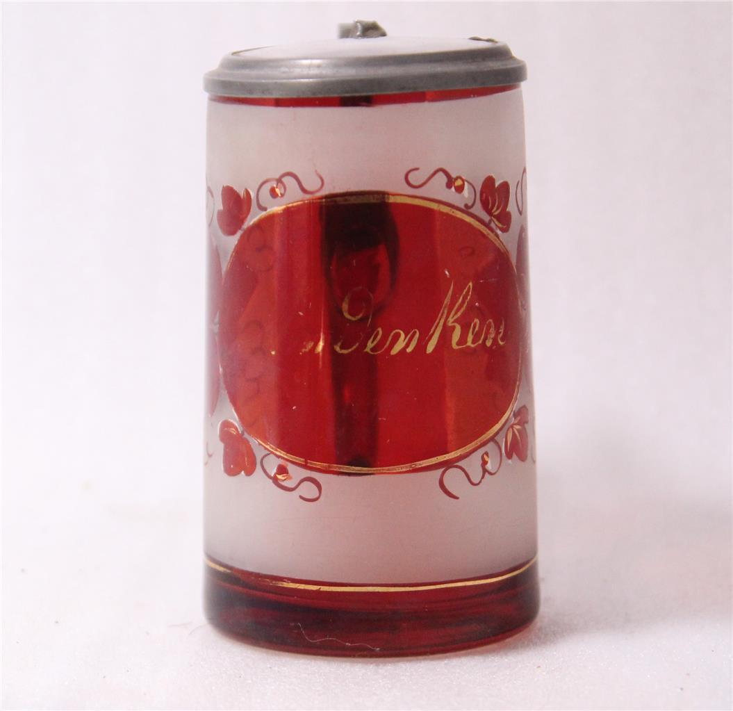 Antique German Bohemian Ruby Red/Frosted Glass Beer Stein w/Inlaid Lid c.1870s Antique German Bohemian Ruby Red/Frosted Glass Beer Stein w/Inlaid Lid c.1870s
