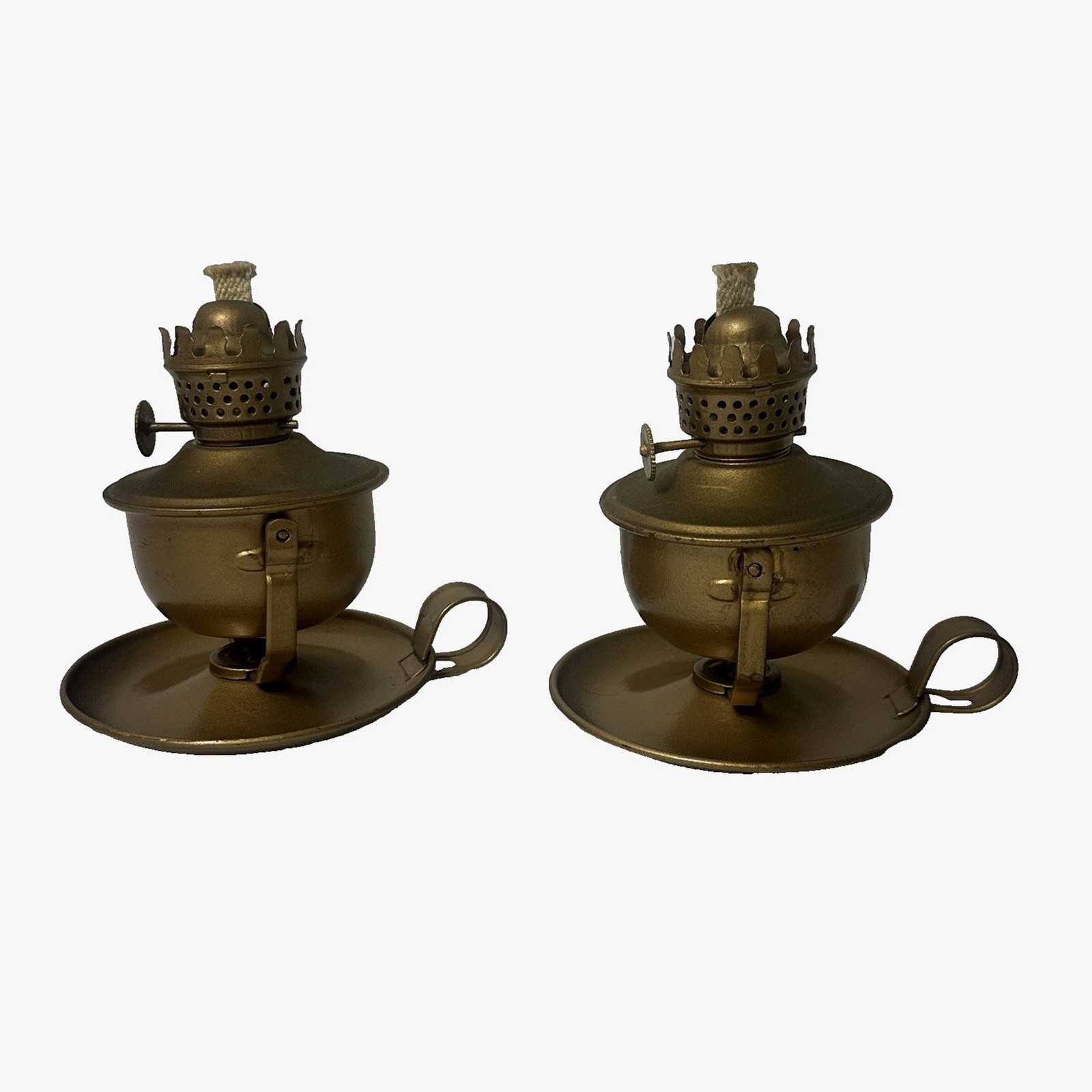 Miniature Brass Tone Kerosene Oil Lamps Swivel Base Hong Kong 4.5" Vtg No Globes