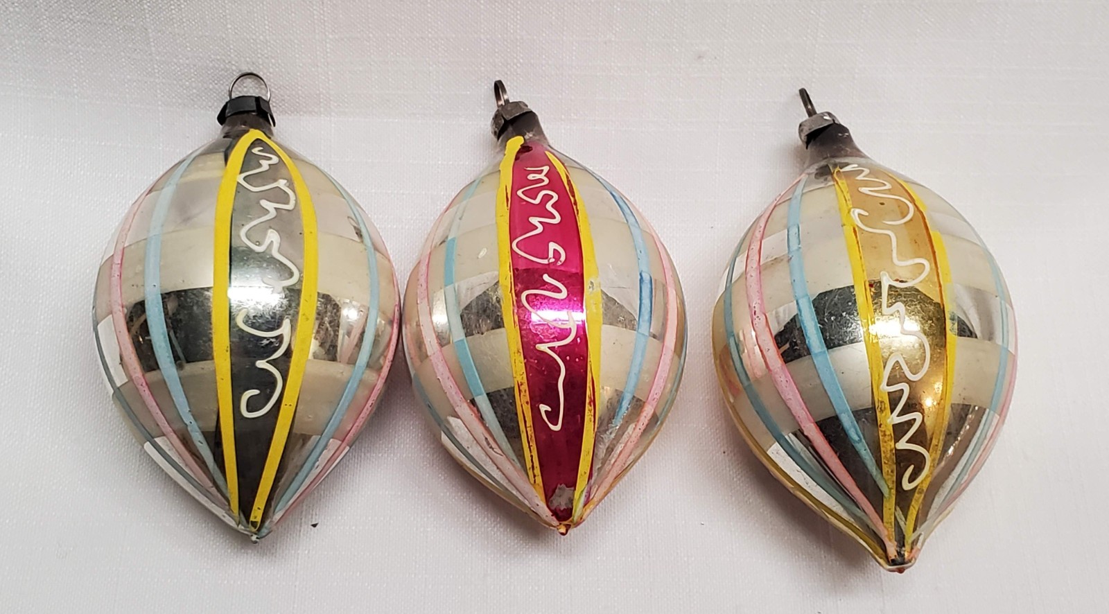 Vintage Glass Christmas Ornament Oval Teardrop Handpainted Set of 3 Vintage Glass Christmas Ornament Oval Teardrop Handpainted Set of 3
